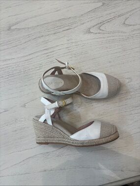 Cole Haan White and Beige Espadrille Wedge Sandals
